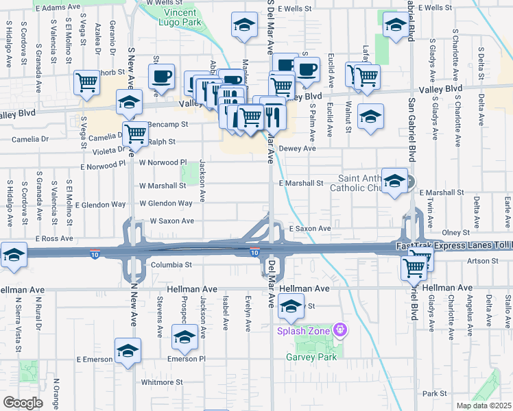 map of restaurants, bars, coffee shops, grocery stores, and more near 128 West Glendon Way in San Gabriel