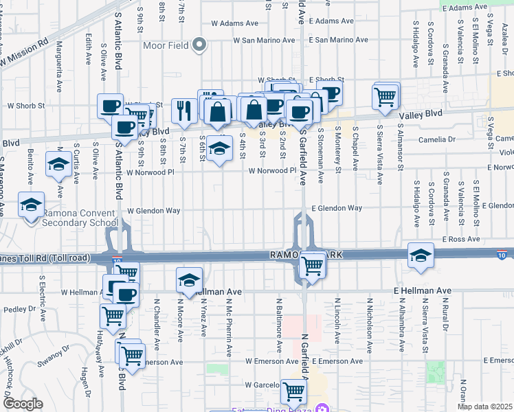map of restaurants, bars, coffee shops, grocery stores, and more near 1800 South 4th Street in Alhambra