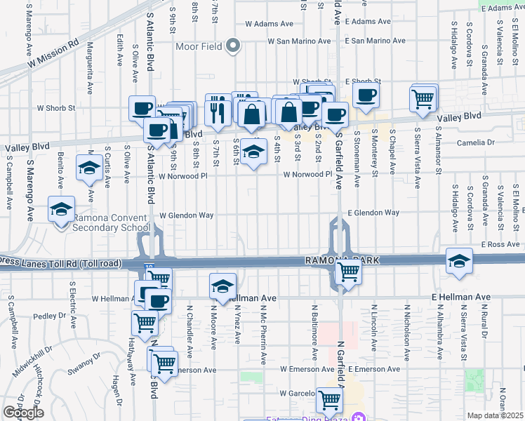 map of restaurants, bars, coffee shops, grocery stores, and more near 1801 South 5th Street in Alhambra
