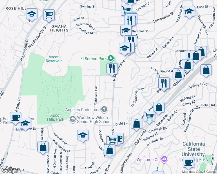 map of restaurants, bars, coffee shops, grocery stores, and more near 2433 North Eastern Avenue in Los Angeles