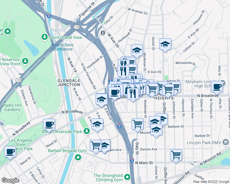 map of restaurants, bars, coffee shops, grocery stores, and more near 140 South Avenue 22 in Los Angeles