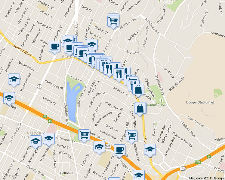 map of restaurants, bars, coffee shops, grocery stores, and more near 956 West Kensington Road in Los Angeles