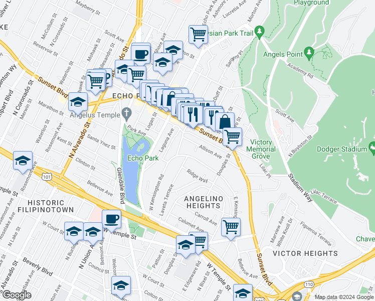 map of restaurants, bars, coffee shops, grocery stores, and more near 956 West Kensington Road in Los Angeles