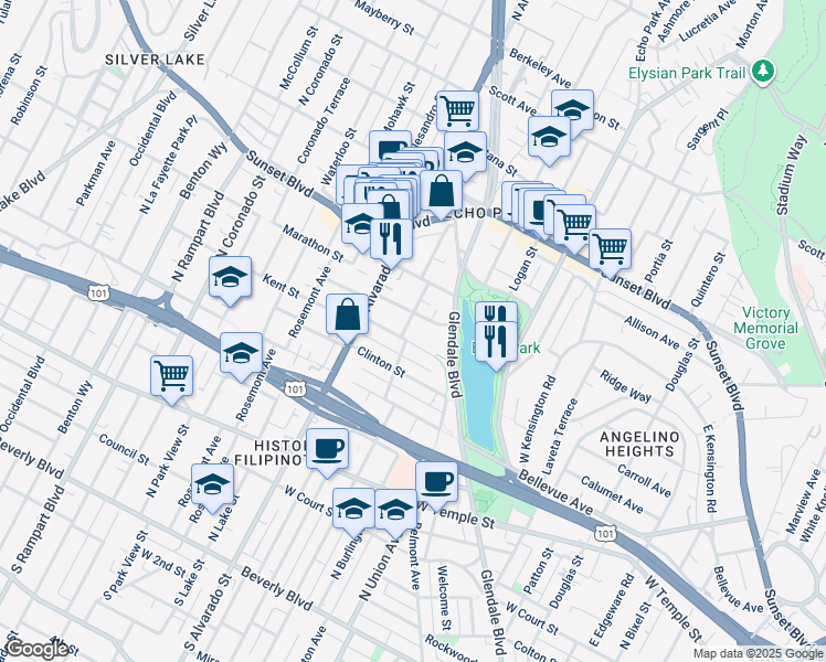 map of restaurants, bars, coffee shops, grocery stores, and more near 1747 Kent Street in Los Angeles