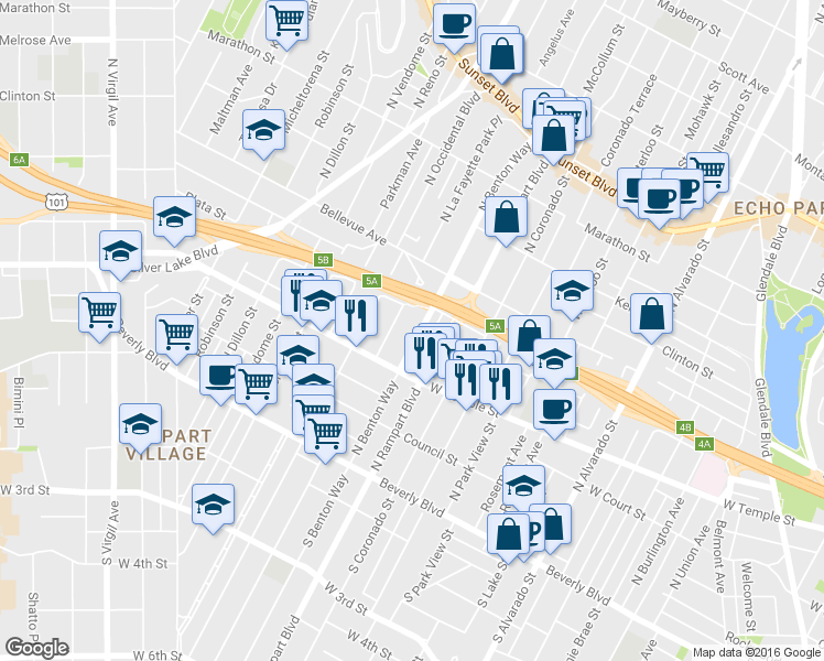 map of restaurants, bars, coffee shops, grocery stores, and more near 343-351 North Benton Way in Los Angeles