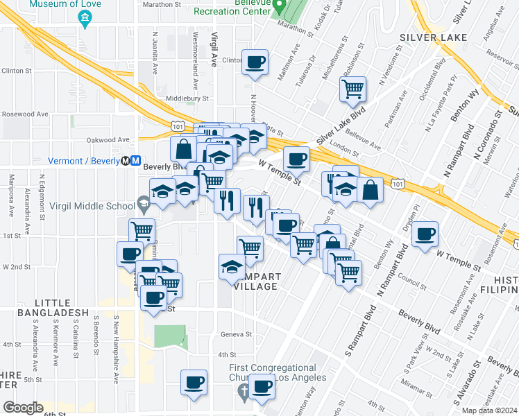 map of restaurants, bars, coffee shops, grocery stores, and more near 140 North Hoover Street in Los Angeles