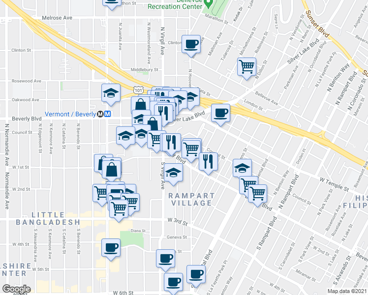 map of restaurants, bars, coffee shops, grocery stores, and more near 116 North Commonwealth Avenue in Los Angeles