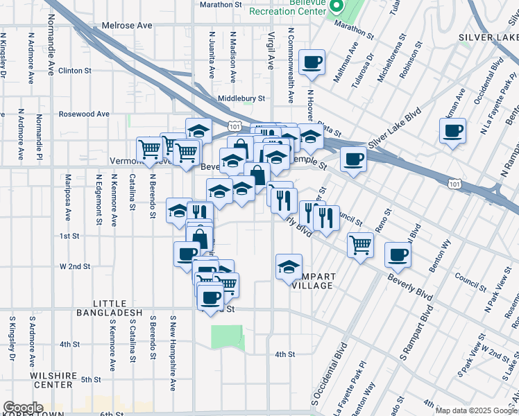 map of restaurants, bars, coffee shops, grocery stores, and more near 111 North Virgil Avenue in Los Angeles