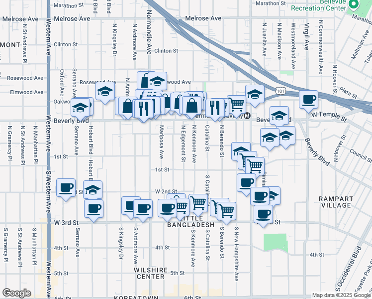 map of restaurants, bars, coffee shops, grocery stores, and more near 136 North Edgemont Street in Los Angeles