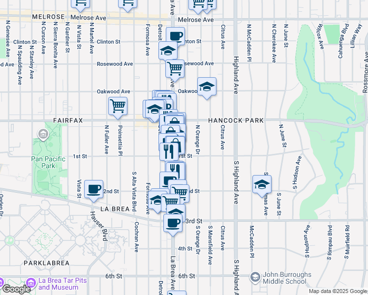 map of restaurants, bars, coffee shops, grocery stores, and more near 114 1/2 North Sycamore Avenue in Los Angeles