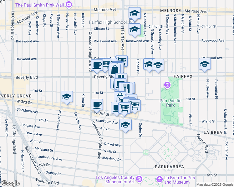 map of restaurants, bars, coffee shops, grocery stores, and more near 104 South Hayworth Avenue in West Hollywood