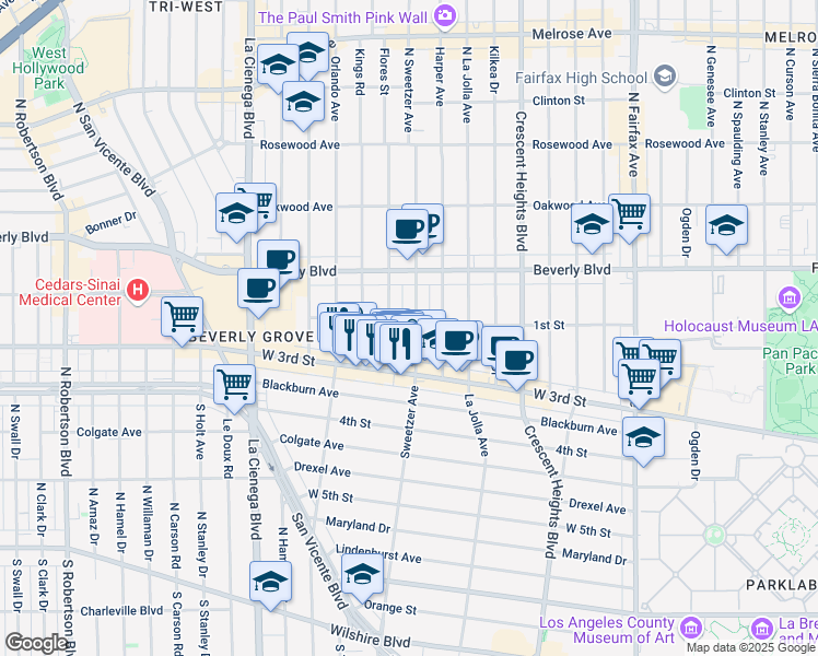 map of restaurants, bars, coffee shops, grocery stores, and more near 112 1/2 Flores Street in Los Angeles