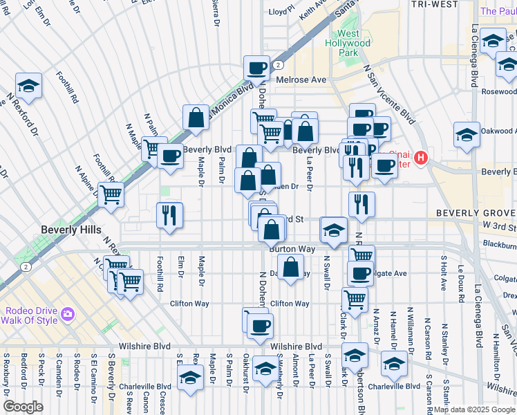 map of restaurants, bars, coffee shops, grocery stores, and more near 336 North Oakhurst Drive in Beverly Hills