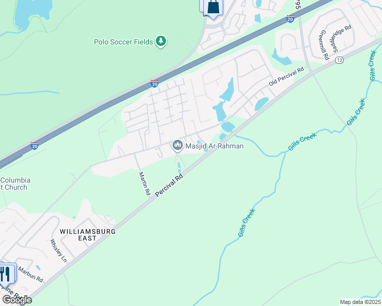 map of restaurants, bars, coffee shops, grocery stores, and more near 3309 Percival Road in Columbia