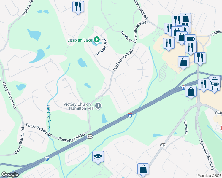 map of restaurants, bars, coffee shops, grocery stores, and more near 3104 Pucketts Mill Road in Buford