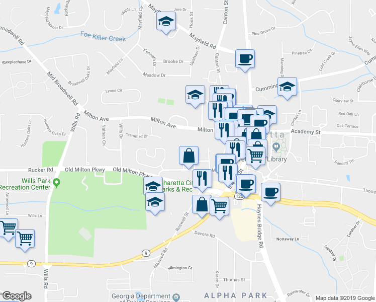 map of restaurants, bars, coffee shops, grocery stores, and more near 12044 Orchid Lane in Alpharetta