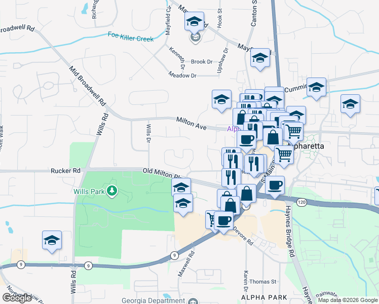 map of restaurants, bars, coffee shops, grocery stores, and more near 2065 Willshire Glen in Alpharetta
