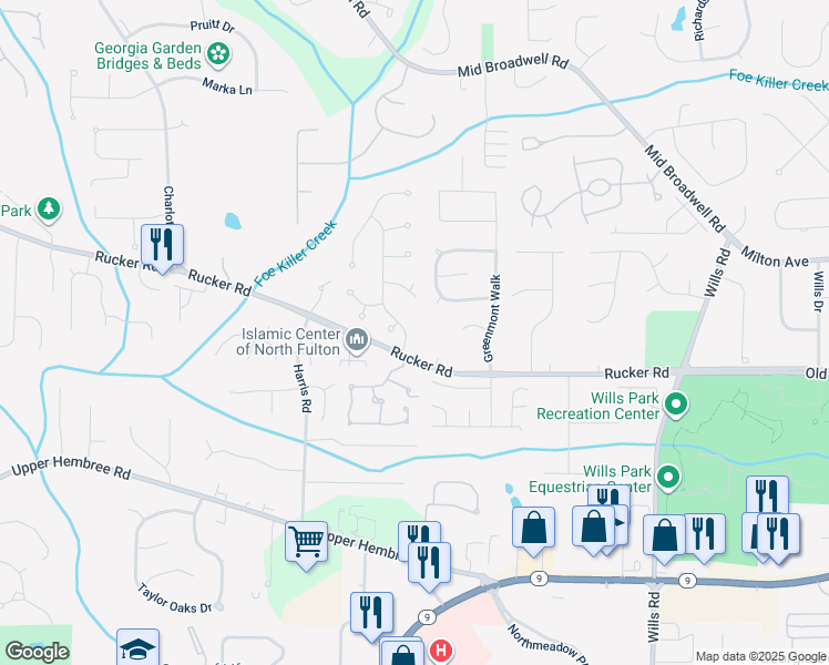 map of restaurants, bars, coffee shops, grocery stores, and more near 2125 Fairfax Drive in Alpharetta