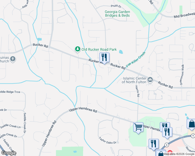 map of restaurants, bars, coffee shops, grocery stores, and more near 145 Watermill Falls in Alpharetta