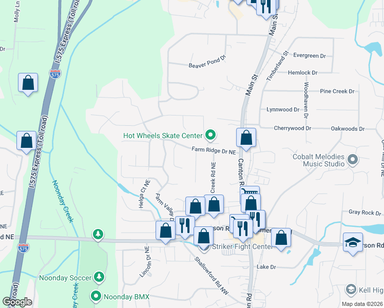 map of restaurants, bars, coffee shops, grocery stores, and more near 4943 Farmstead Court Northeast in Woodstock