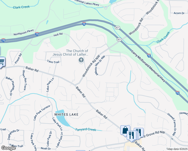 map of restaurants, bars, coffee shops, grocery stores, and more near 2632 Abbotts Glen Drive Northwest in Acworth