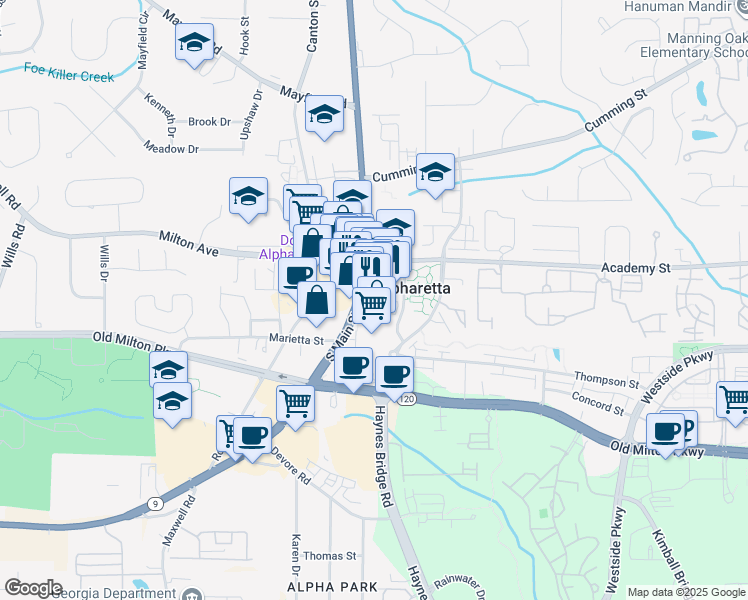 map of restaurants, bars, coffee shops, grocery stores, and more near 401 South Broad Street in Alpharetta