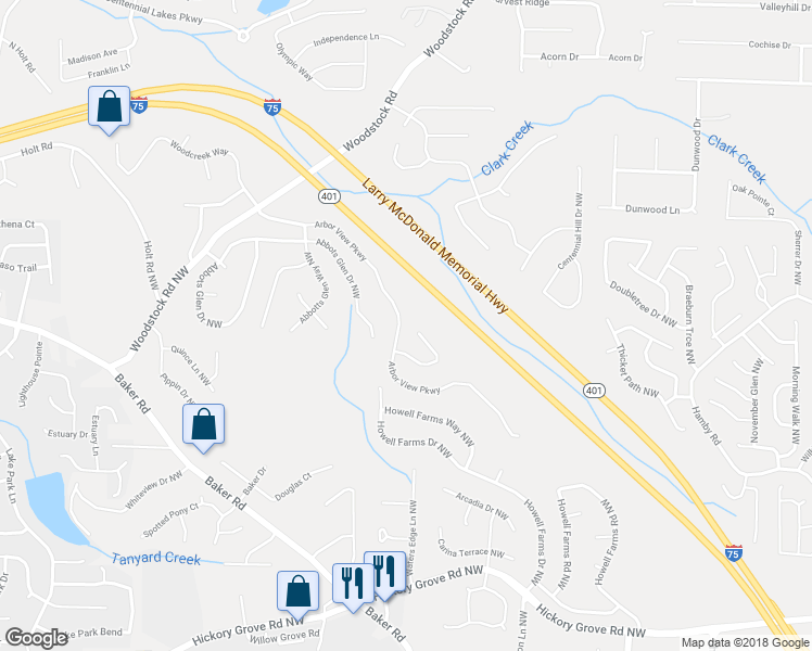 map of restaurants, bars, coffee shops, grocery stores, and more near 4978 Arbor View Parkway in Acworth