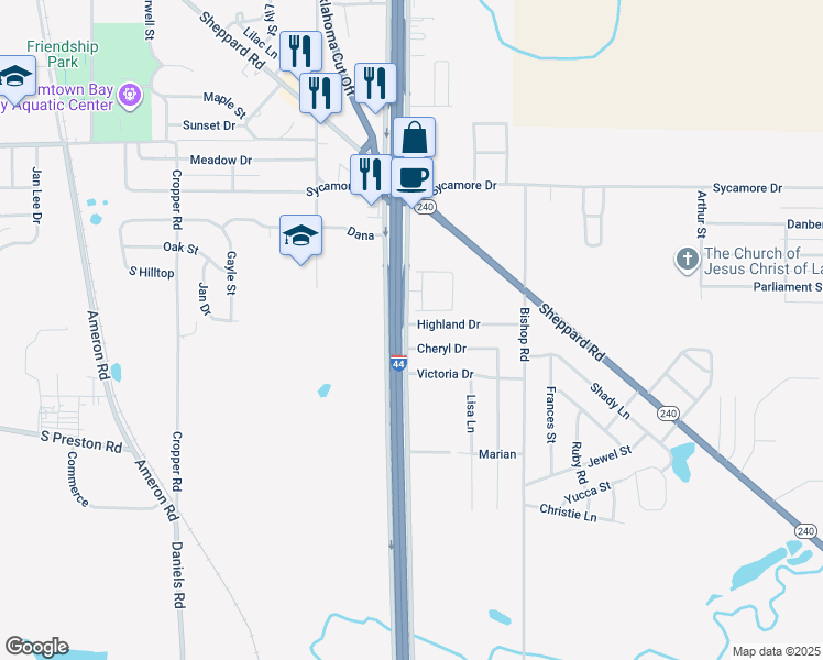 map of restaurants, bars, coffee shops, grocery stores, and more near 136 Highland Drive in Burkburnett