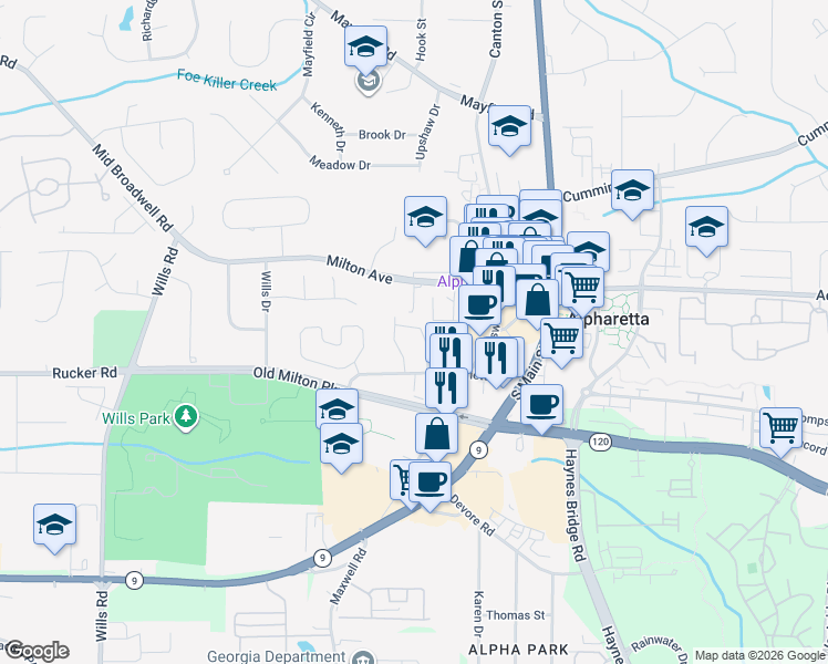 map of restaurants, bars, coffee shops, grocery stores, and more near 12044 Orchid Lane in Alpharetta