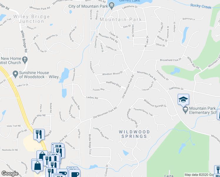 map of restaurants, bars, coffee shops, grocery stores, and more near 215 Foxley Way in Roswell