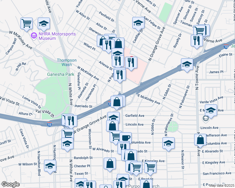map of restaurants, bars, coffee shops, grocery stores, and more near 158 West McKinley Avenue in Pomona