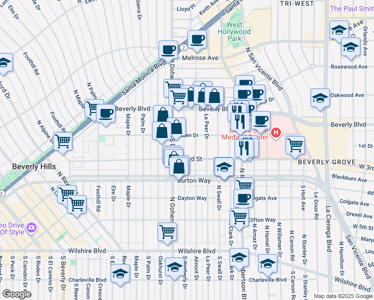 map of restaurants, bars, coffee shops, grocery stores, and more near 142 South Wetherly Drive in Los Angeles