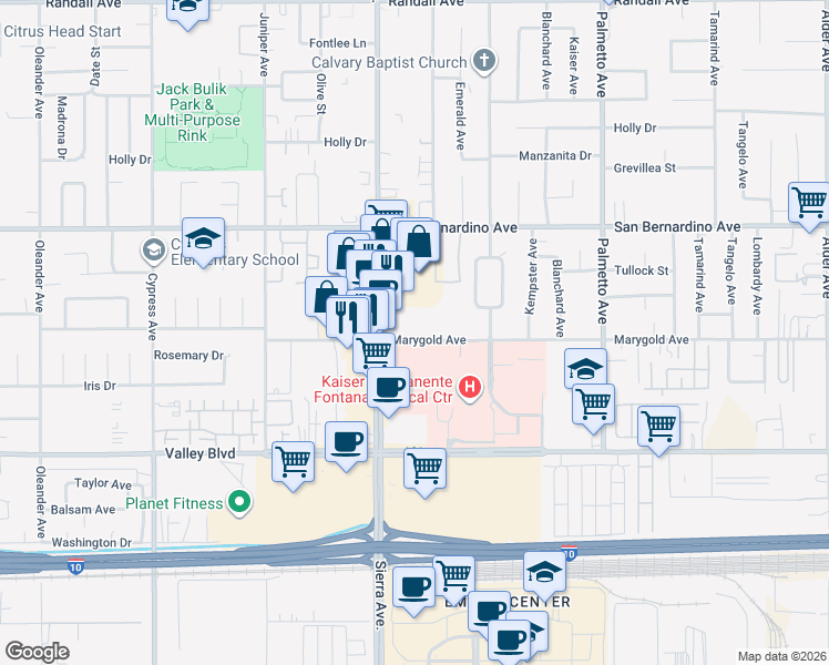 map of restaurants, bars, coffee shops, grocery stores, and more near 16946 Marygold Avenue in Fontana