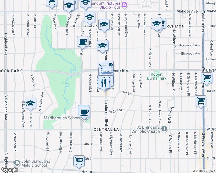 map of restaurants, bars, coffee shops, grocery stores, and more near 135 North Gower Street in Los Angeles