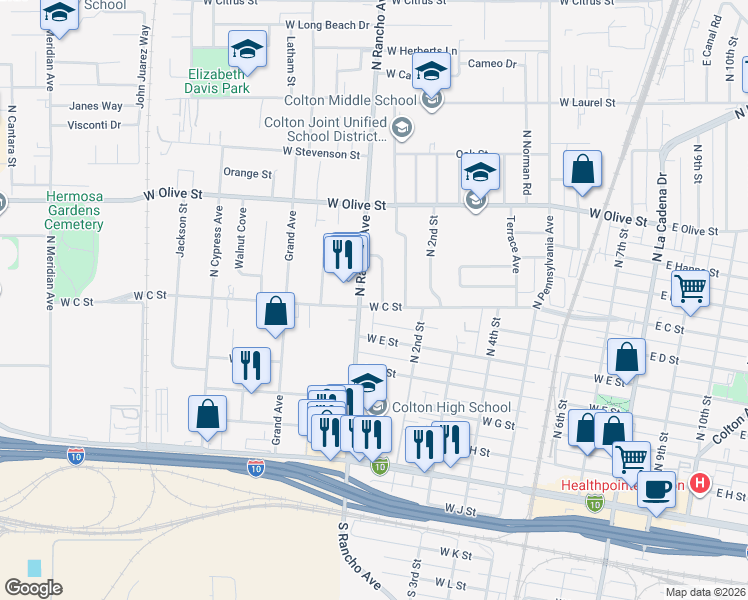 map of restaurants, bars, coffee shops, grocery stores, and more near in Colton