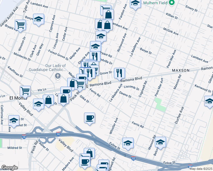map of restaurants, bars, coffee shops, grocery stores, and more near 11690 Ramona Boulevard in El Monte