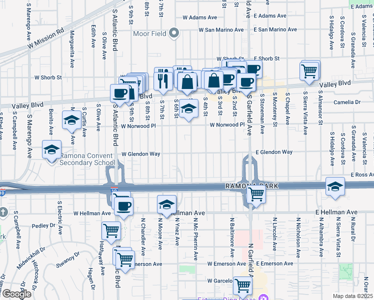 map of restaurants, bars, coffee shops, grocery stores, and more near 1801 South 5th Street in Alhambra