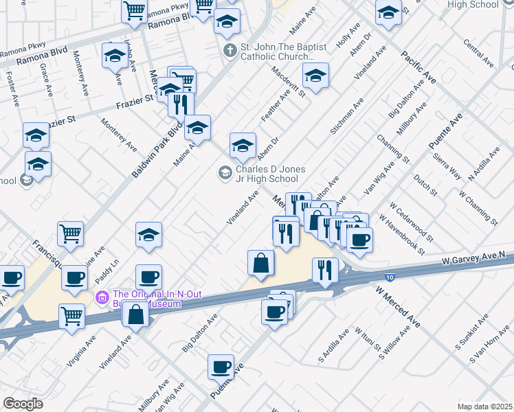 map of restaurants, bars, coffee shops, grocery stores, and more near 14311 Idaho Avenue in Baldwin Park