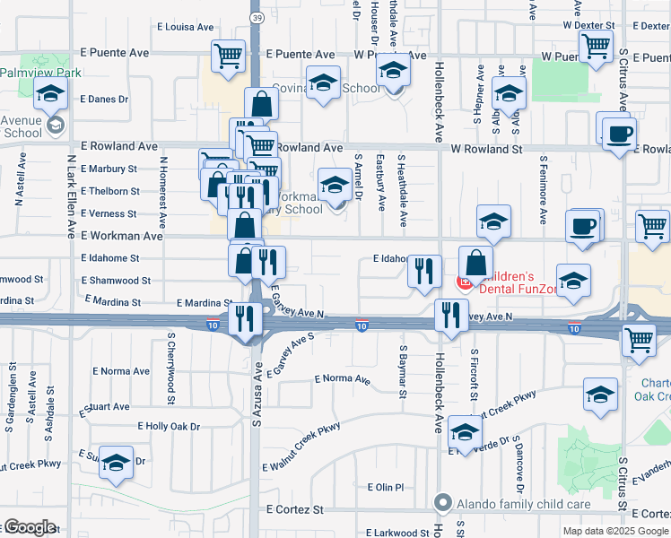 map of restaurants, bars, coffee shops, grocery stores, and more near 1924 East Shamwood Street in West Covina