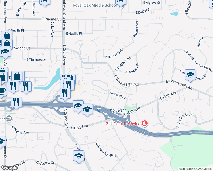 map of restaurants, bars, coffee shops, grocery stores, and more near 1184 Meadowwood Drive in Covina