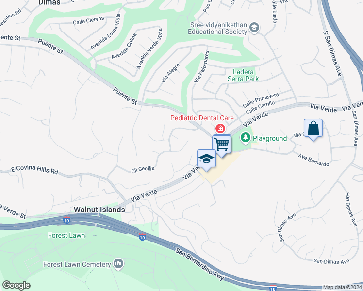 map of restaurants, bars, coffee shops, grocery stores, and more near 1263 Calle Cecilia in San Dimas