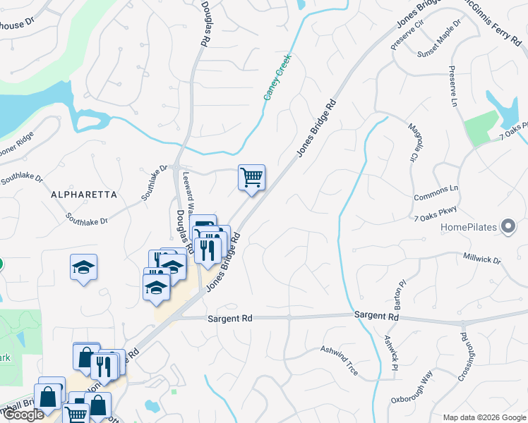 map of restaurants, bars, coffee shops, grocery stores, and more near 170 Fallen Leaf Ct in Alpharetta