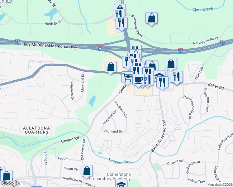 map of restaurants, bars, coffee shops, grocery stores, and more near 4945 Cowan Road in Acworth
