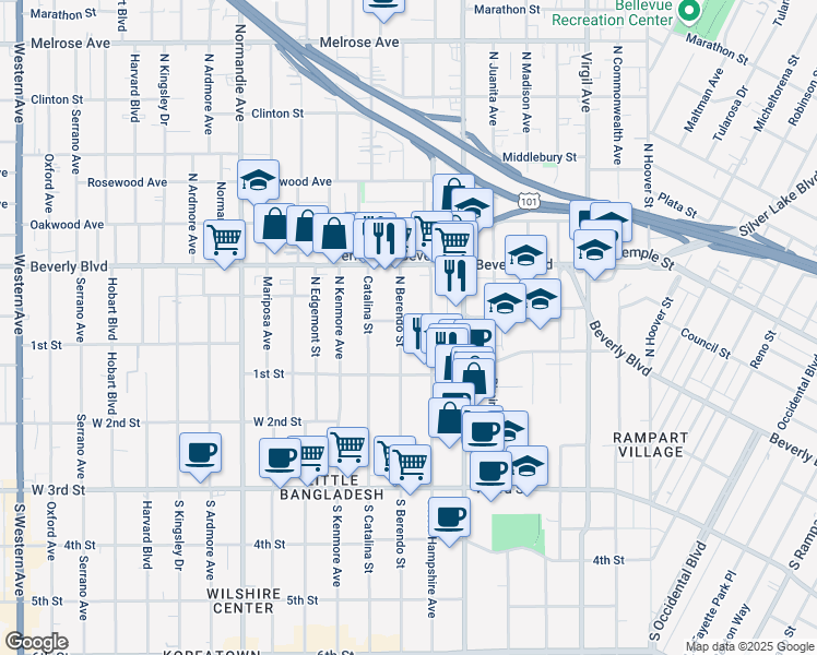 map of restaurants, bars, coffee shops, grocery stores, and more near 150 North Berendo Street in Los Angeles