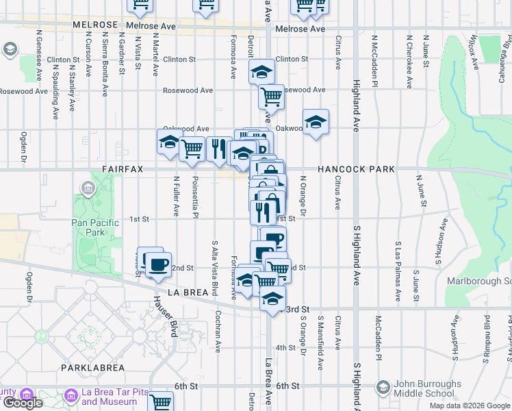 map of restaurants, bars, coffee shops, grocery stores, and more near 113 North Detroit Street in Los Angeles
