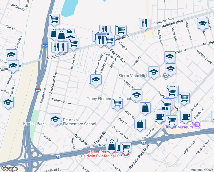 map of restaurants, bars, coffee shops, grocery stores, and more near 3430 Athol Street in Baldwin Park