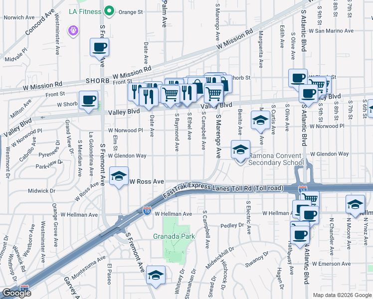 map of restaurants, bars, coffee shops, grocery stores, and more near 1617 South Ethel Avenue in Alhambra