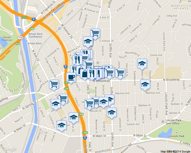 map of restaurants, bars, coffee shops, grocery stores, and more near in Los Angeles