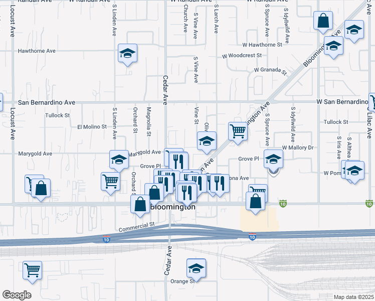 map of restaurants, bars, coffee shops, grocery stores, and more near 18781 Marygold Avenue in Bloomington