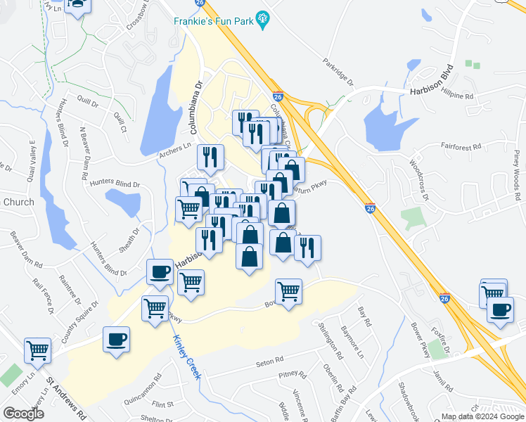 map of restaurants, bars, coffee shops, grocery stores, and more near 321 Harbison Boulevard (S-757) in Columbia